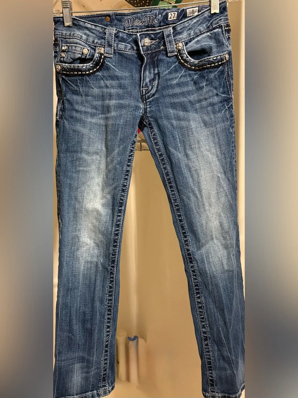 Miss Me Blue Straight Leg Jeans with Sequin Pocket Accents